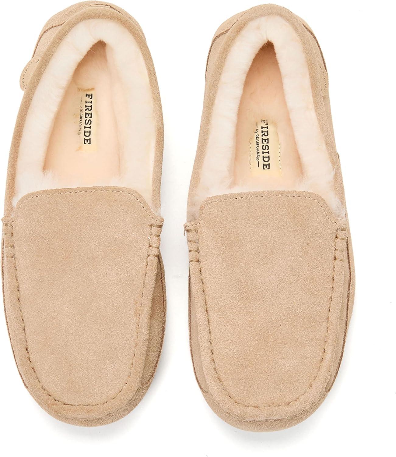 imageFireside By Dearfoams Mens Melbourne Genuine Shearling Moccasin Slippers Memory Foam Sudede Loafers Slipin House ShoesSand