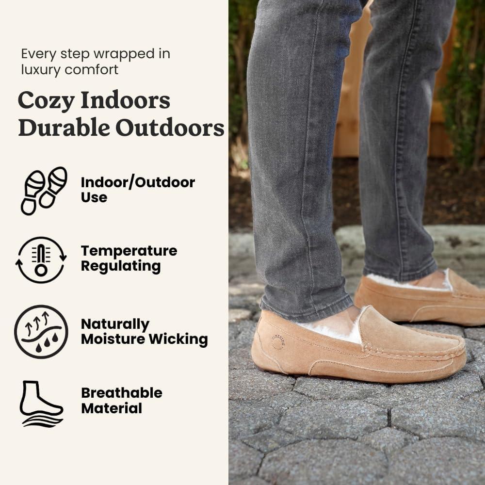imageFireside By Dearfoams Mens Melbourne Genuine Shearling Moccasin Slippers Memory Foam Sudede Loafers Slipin House ShoesSand