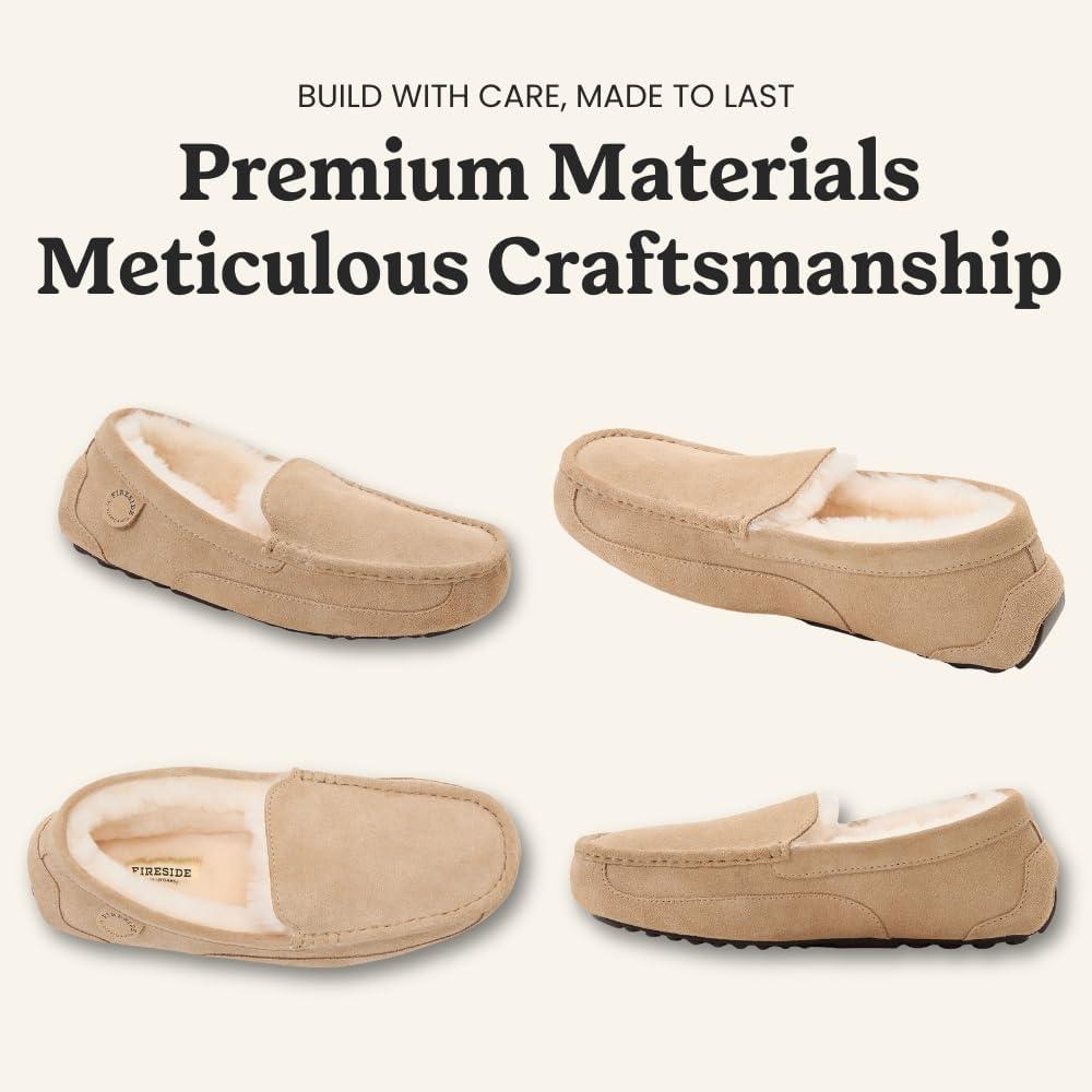 imageFireside By Dearfoams Mens Melbourne Genuine Shearling Moccasin Slippers Memory Foam Sudede Loafers Slipin House ShoesSand