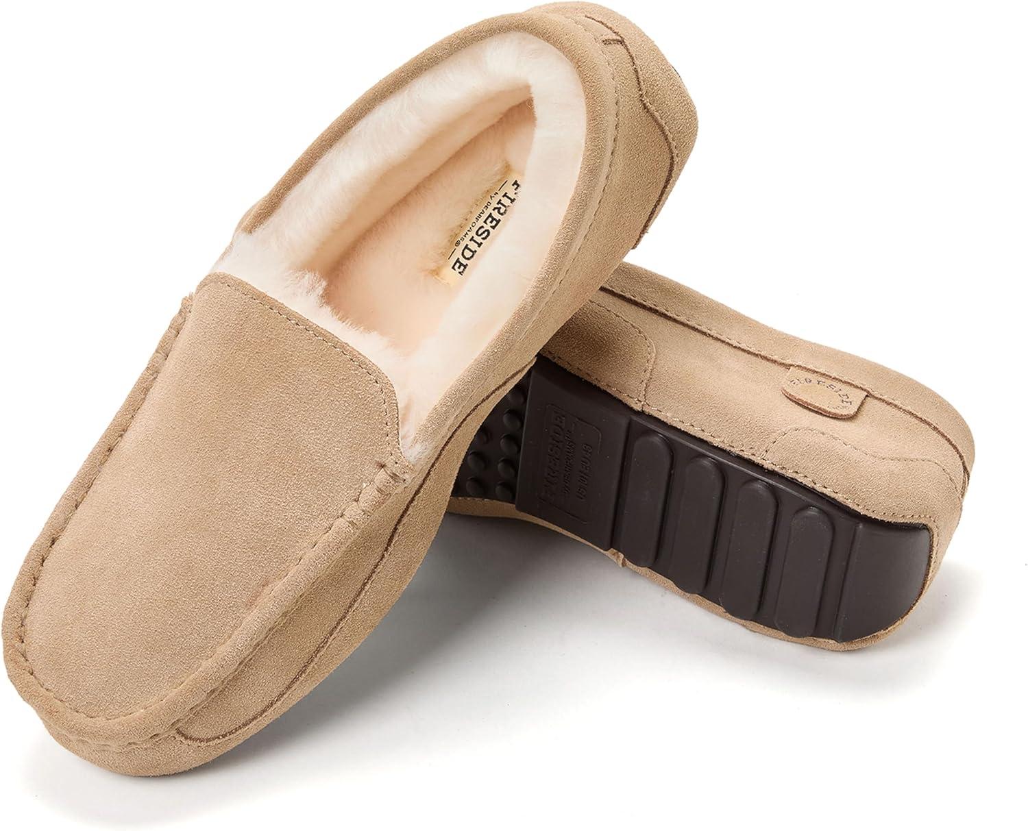imageFireside By Dearfoams Mens Melbourne Genuine Shearling Moccasin Slippers Memory Foam Sudede Loafers Slipin House ShoesSand