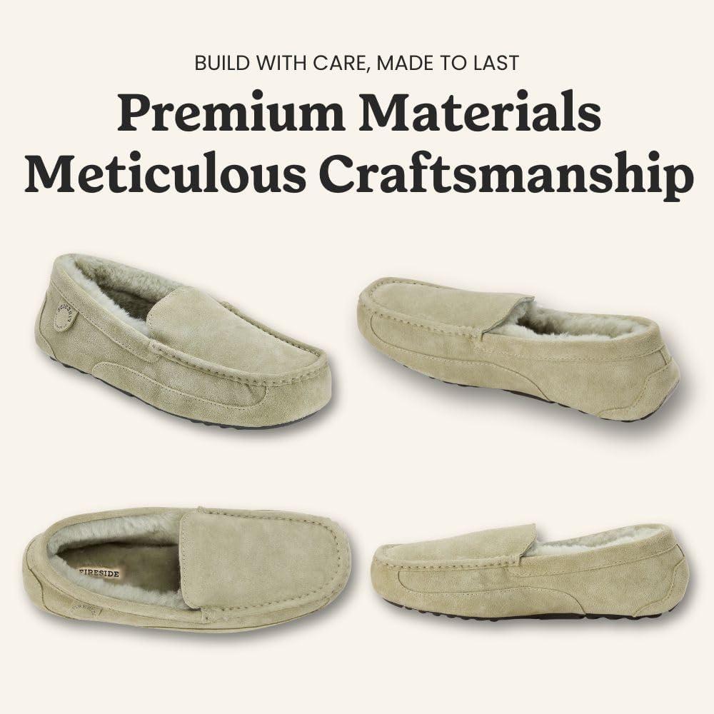 imageFireside By Dearfoams Mens Melbourne Genuine Shearling Moccasin Slippers Memory Foam Sudede Loafers Slipin House ShoesSeagrass