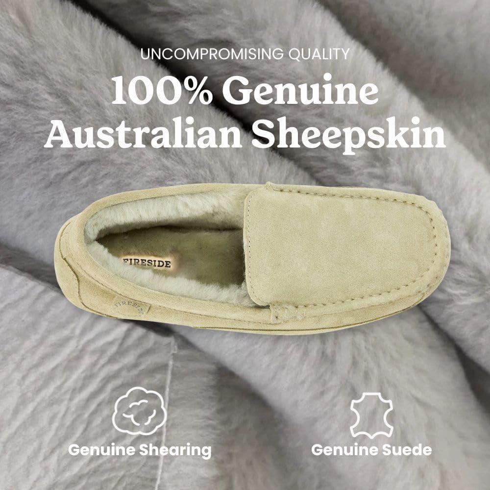imageFireside By Dearfoams Mens Melbourne Genuine Shearling Moccasin Slippers Memory Foam Sudede Loafers Slipin House ShoesSeagrass