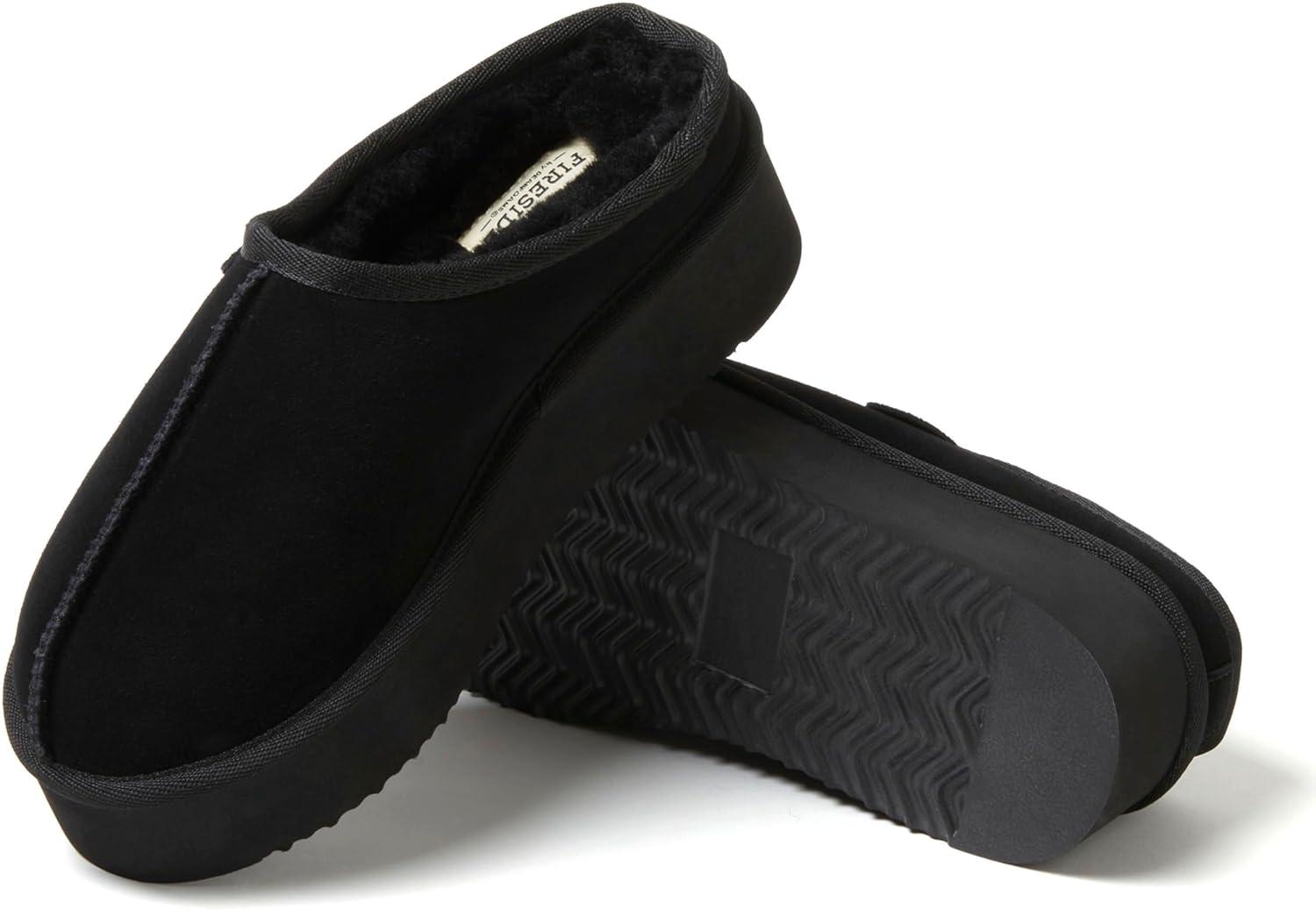 imageFireside By Dearfoams Womens Queenstown Shearling Slippers Memory Foam Suede Clog IndoorOutdoor Slipin House ShoesBlack Platform