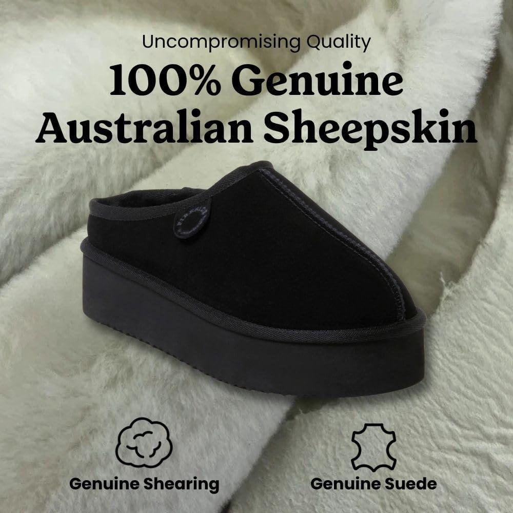 imageFireside By Dearfoams Womens Queenstown Shearling Slippers Memory Foam Suede Clog IndoorOutdoor Slipin House ShoesBlack Platform