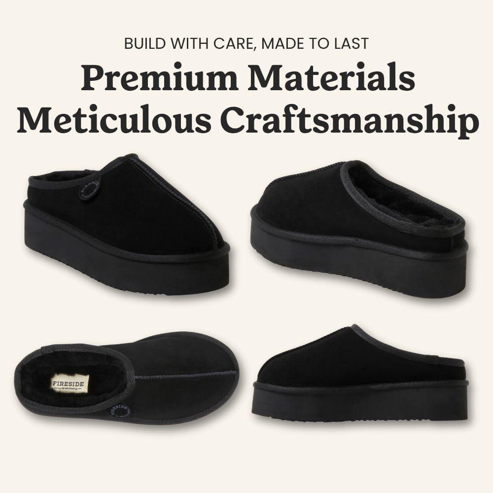 imageFireside By Dearfoams Womens Queenstown Shearling Slippers Memory Foam Suede Clog IndoorOutdoor Slipin House ShoesBlack Platform