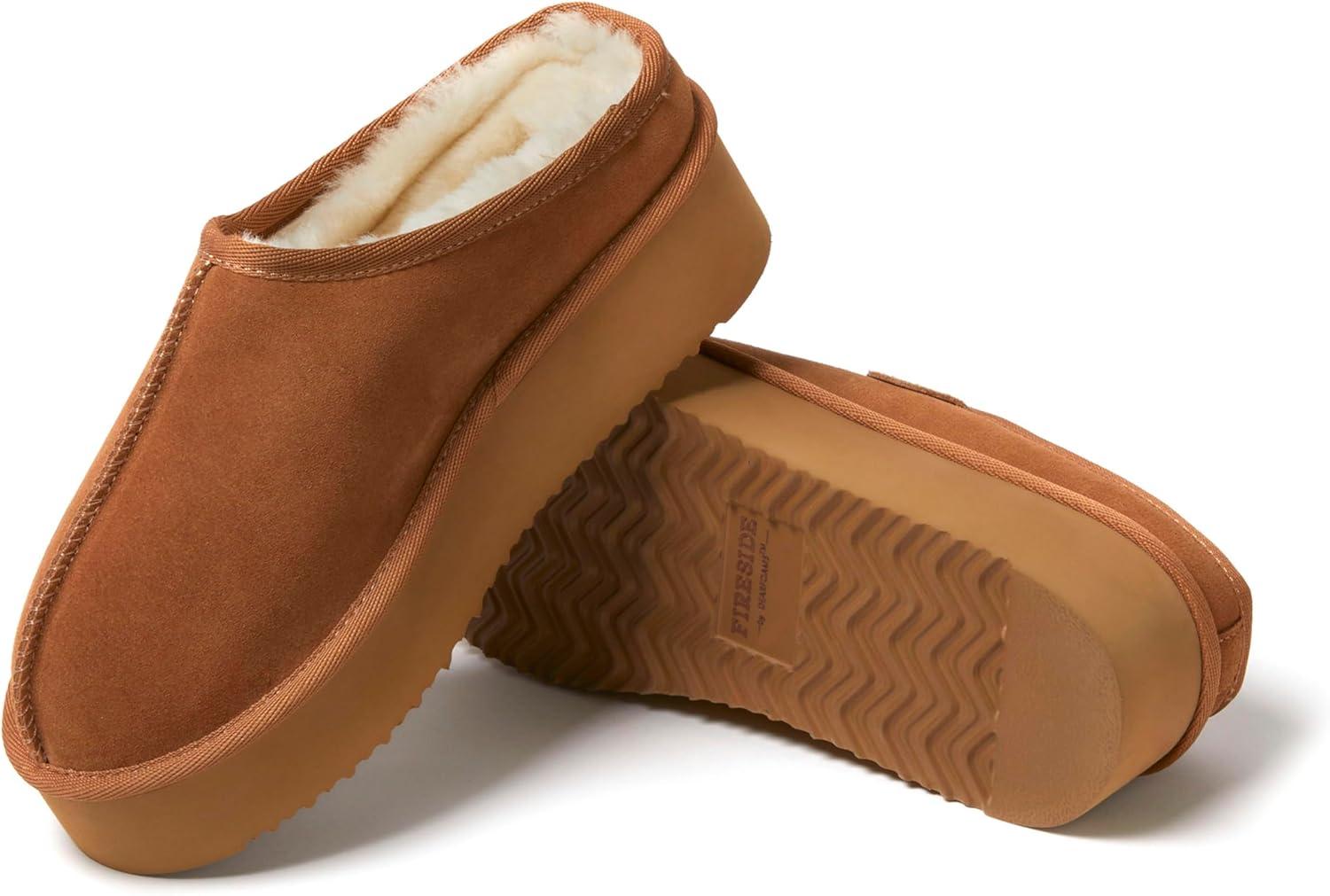 imageFireside By Dearfoams Womens Queenstown Shearling Slippers Memory Foam Suede Clog IndoorOutdoor Slipin House ShoesChestnut Platform