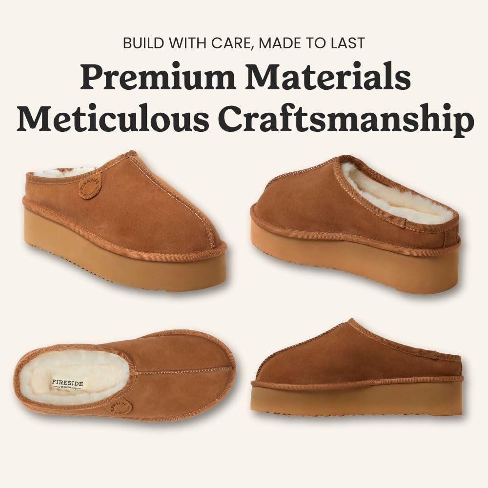imageFireside By Dearfoams Womens Queenstown Shearling Slippers Memory Foam Suede Clog IndoorOutdoor Slipin House ShoesChestnut Platform