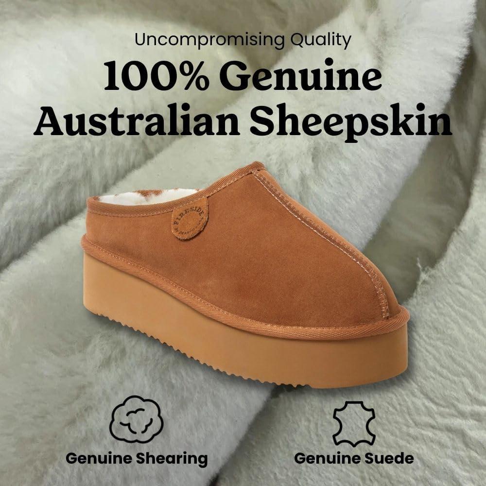 imageFireside By Dearfoams Womens Queenstown Shearling Slippers Memory Foam Suede Clog IndoorOutdoor Slipin House ShoesChestnut Platform