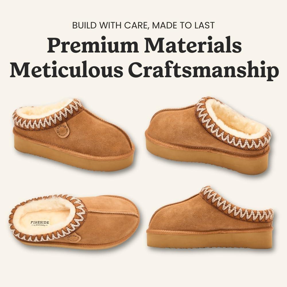 imageFireside By Dearfoams Womens Queenstown Shearling Slippers Memory Foam Suede Clog IndoorOutdoor Slipin House ShoesChestnut Taping