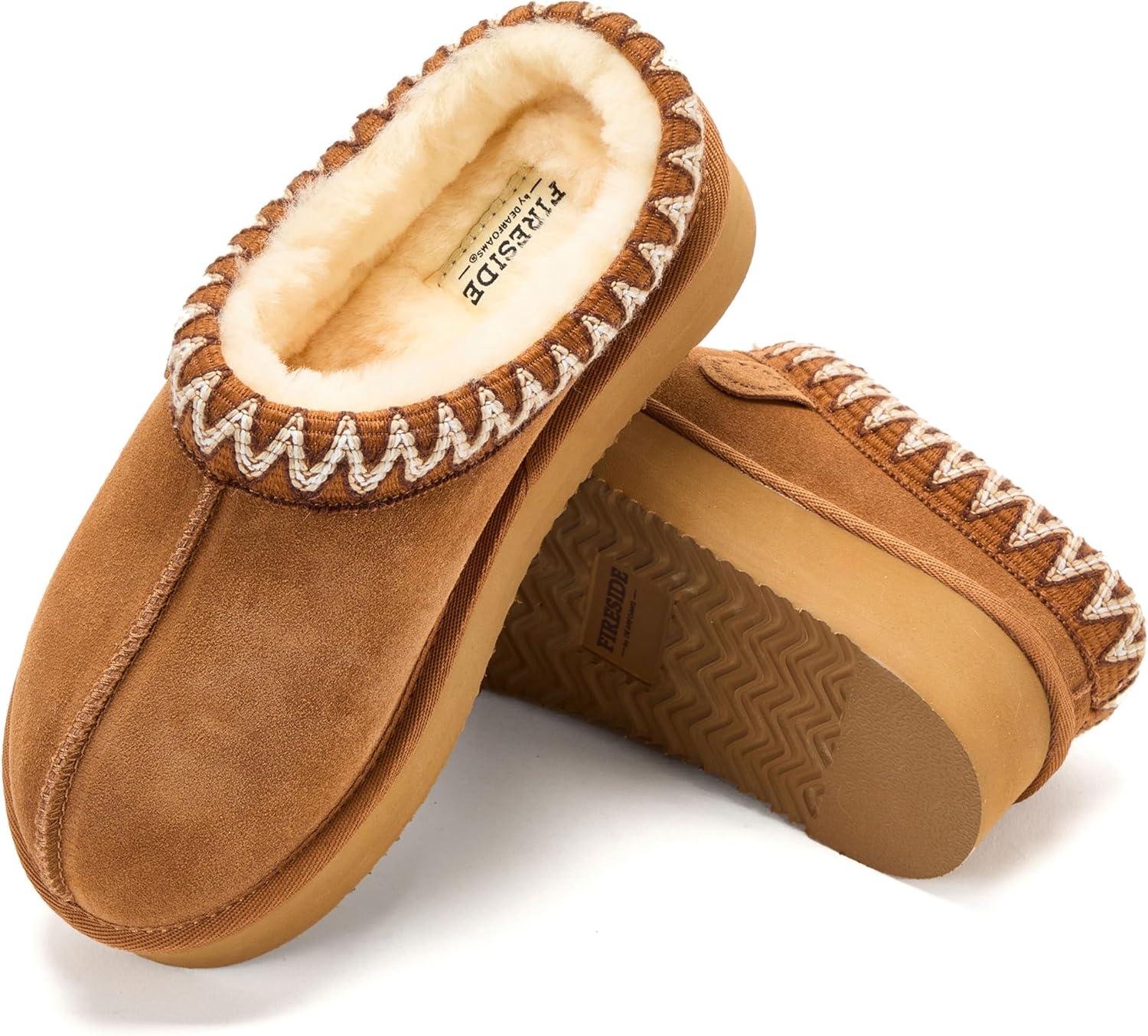 imageFireside By Dearfoams Womens Queenstown Shearling Slippers Memory Foam Suede Clog IndoorOutdoor Slipin House ShoesChestnut Taping