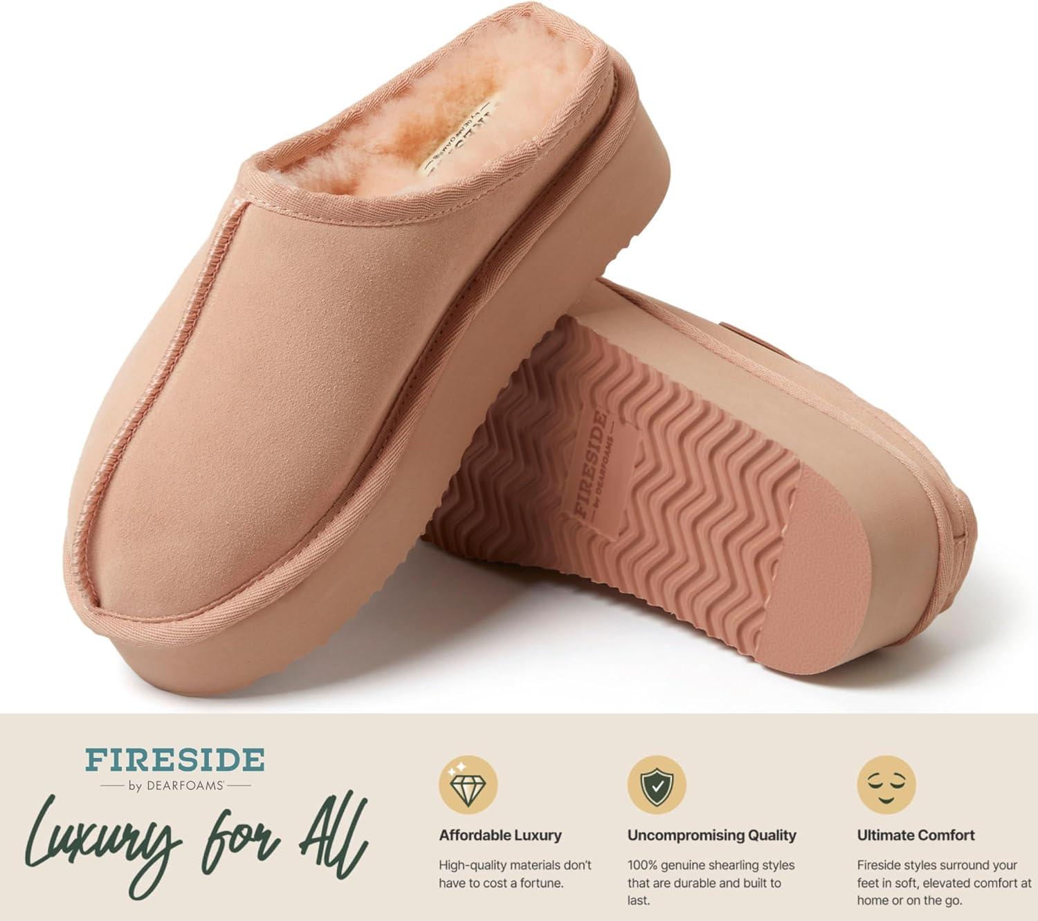 imageFireside By Dearfoams Womens Queenstown Shearling Slippers Memory Foam Suede Clog IndoorOutdoor Slipin House ShoesPeach Dust Platform