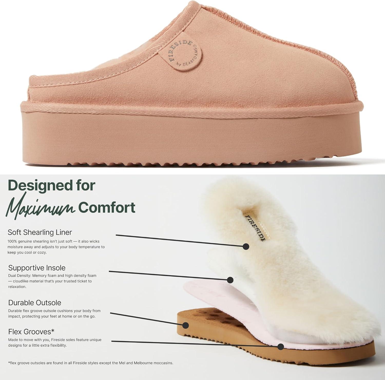 imageFireside By Dearfoams Womens Queenstown Shearling Slippers Memory Foam Suede Clog IndoorOutdoor Slipin House ShoesPeach Dust Platform