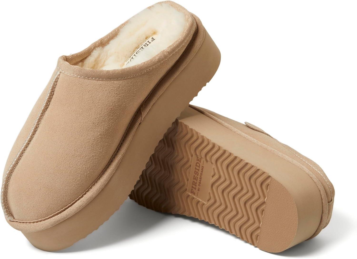 imageFireside By Dearfoams Womens Queenstown Shearling Slippers Memory Foam Suede Clog IndoorOutdoor Slipin House ShoesSand Platform