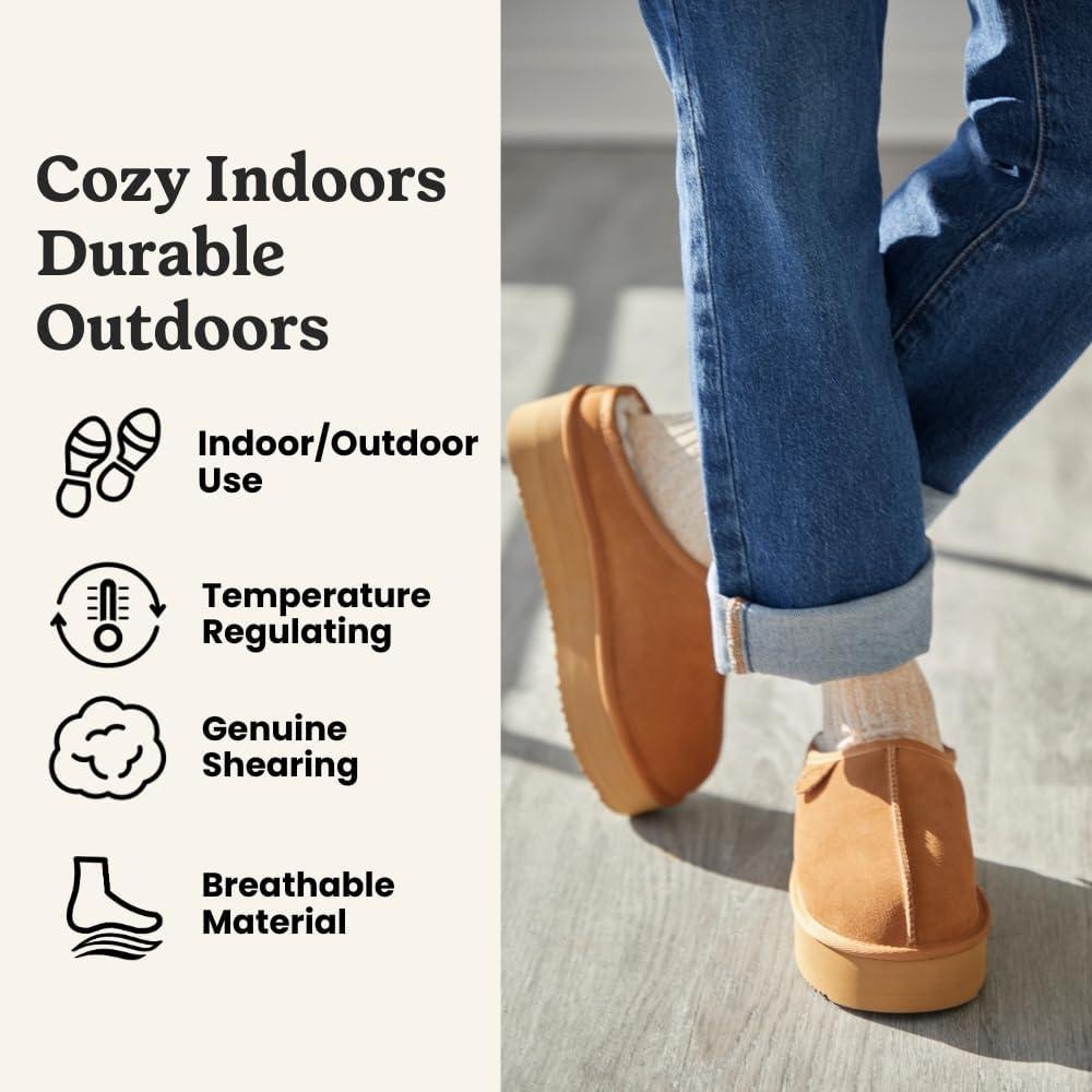 imageFireside By Dearfoams Womens Queenstown Shearling Slippers Memory Foam Suede Clog IndoorOutdoor Slipin House ShoesSand Platform