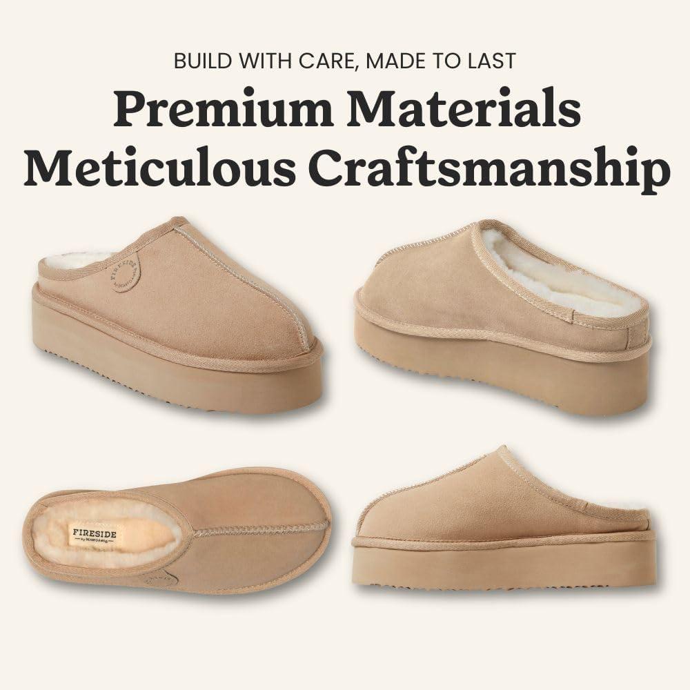 imageFireside By Dearfoams Womens Queenstown Shearling Slippers Memory Foam Suede Clog IndoorOutdoor Slipin House ShoesSand Platform