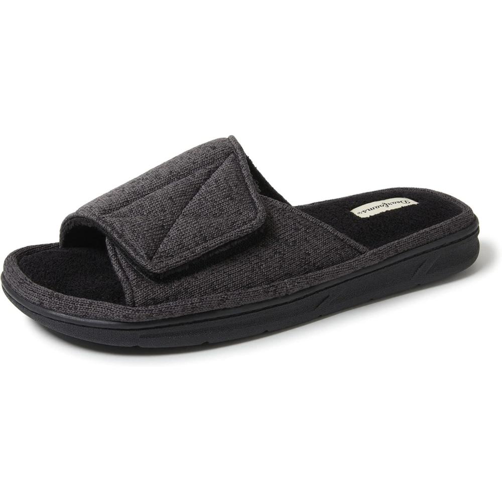 imageDearfoams Mens Adjustable IndoorOutdoor Memory Foam Machine Washable Summer Slide SlipperBlack Marled Knit