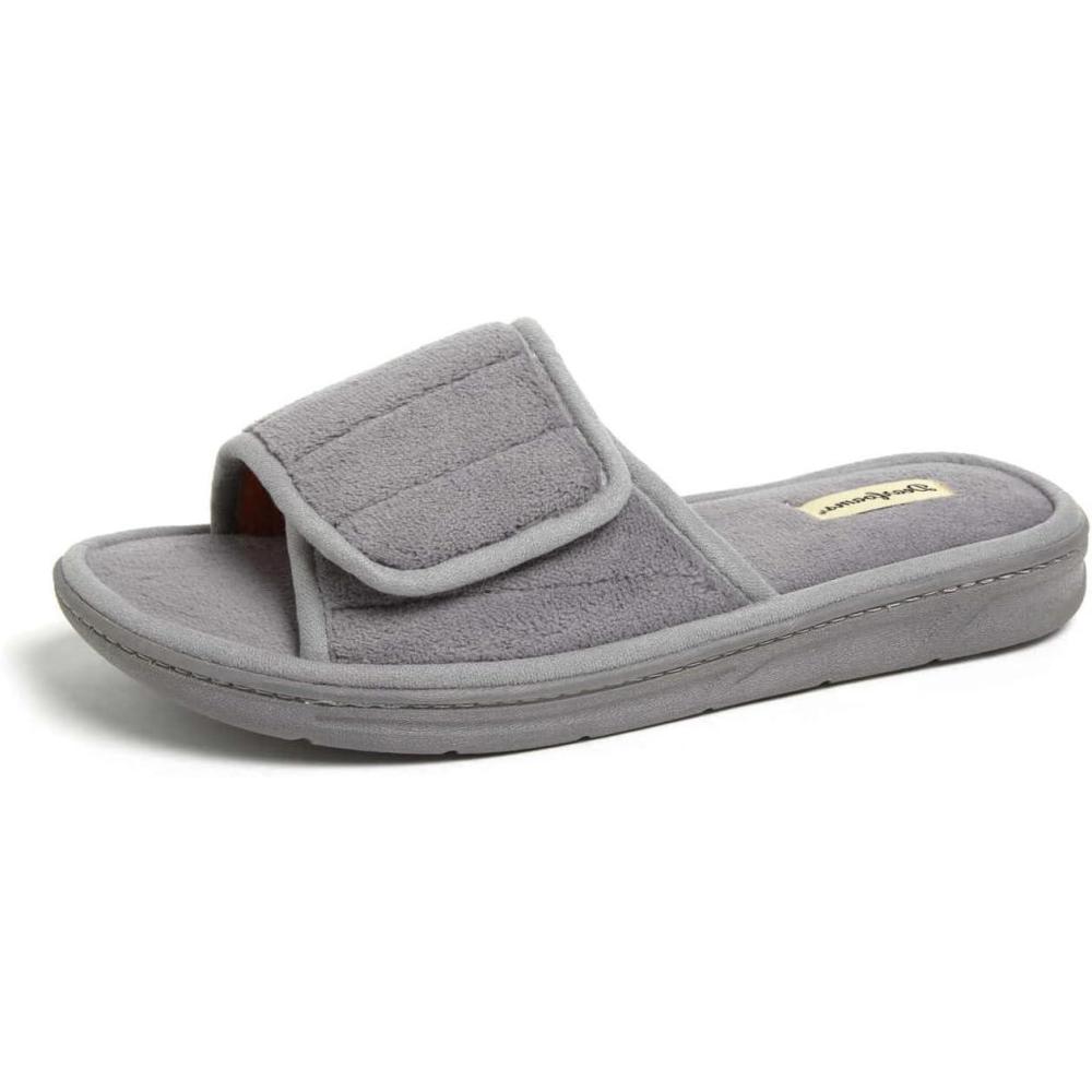 imageDearfoams Mens Adjustable IndoorOutdoor Memory Foam Machine Washable Summer Slide SlipperMedium Grey