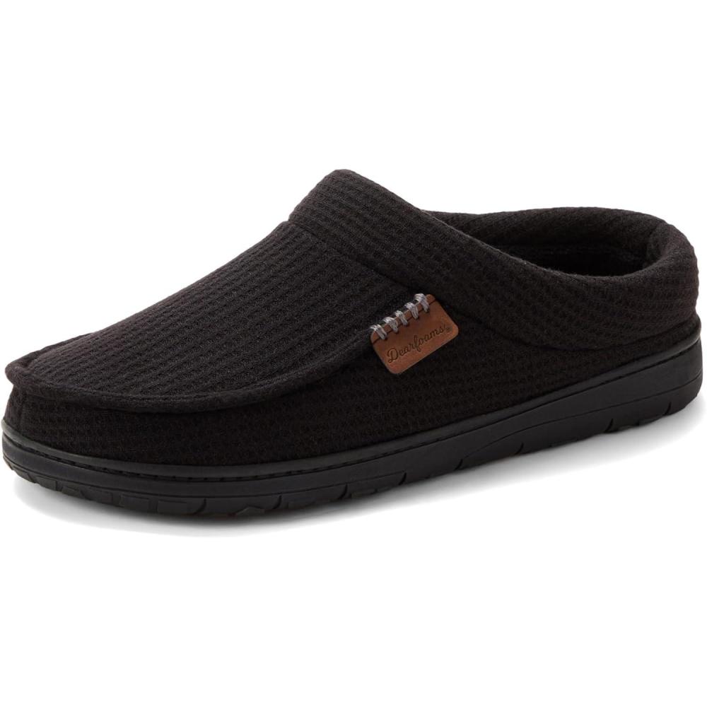 imageDearfoams Mens Brendan IndoorOutdoor Breathable Memory Foam Clog House Shoe with Wide Widths SlipperBlack Waffle Knit