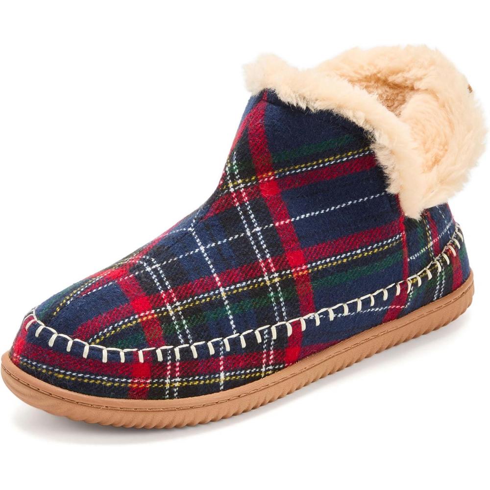 imageDearfoams Mens Memory Foam Indoor House Slippers Brixen Ankle Boot House Shoes Gifts for MenNavy Plaid