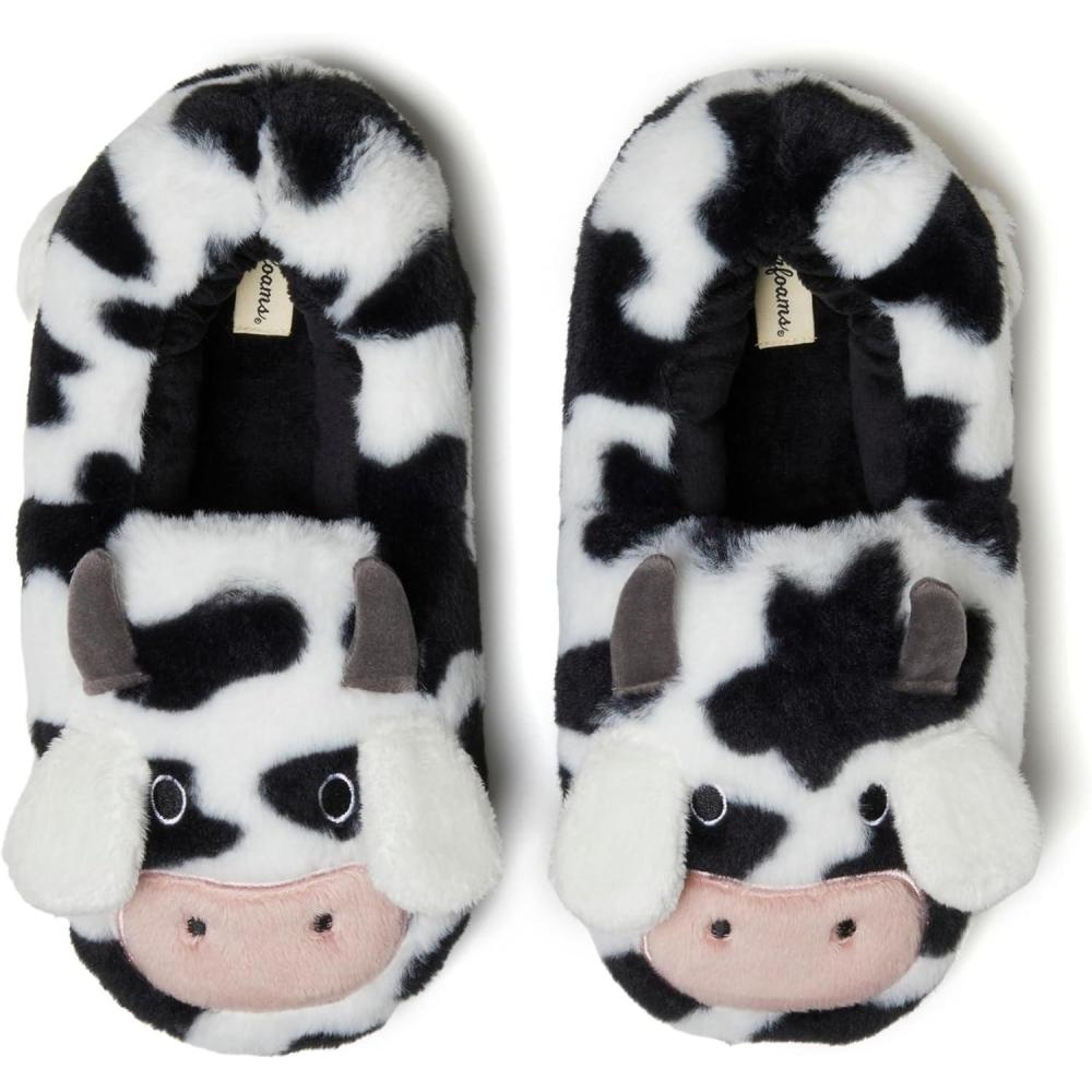imageDearfoams Unisex Adult Holiday Christmas Gift Family Matching Santa Reindeer Teddy Bear Plush Memory Foam SlippersAdult Cow