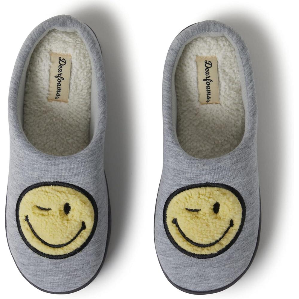 imageDearfoams Unisex Adult Smile Icon Retro Preppy SlippersWomens Grey