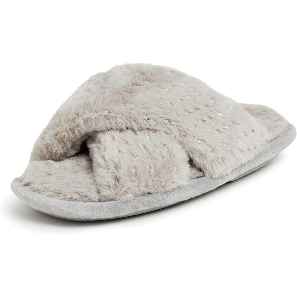 imageDearfoams UnisexChild Ava Kids Printed Detail faux faux fur Cross Band Slide SlipperSparkle Grey