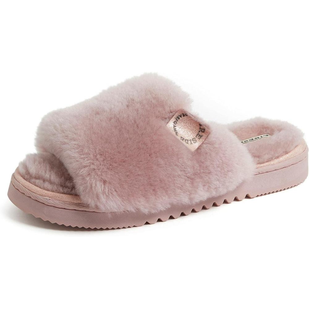 imageDearfoams Womens Fireside Cairns Shearling Easy onOff Slide Sandal SlipperDusty Pink