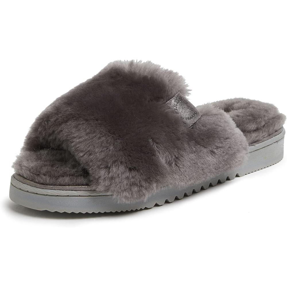 imageDearfoams Womens Fireside Cairns Shearling Easy onOff Slide Sandal SlipperGrey