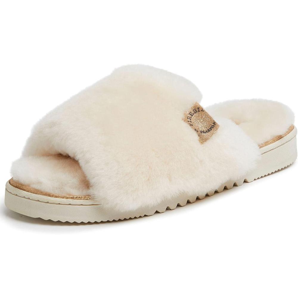 imageDearfoams Womens Fireside Cairns Shearling Easy onOff Slide Sandal SlipperNatural