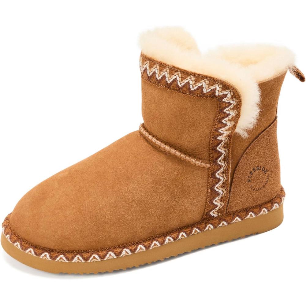 imageDearfoams Womens Fireside Shearling Water Resistant IndoorOutdoor Foldover Boot SlipperChestnut Taping
