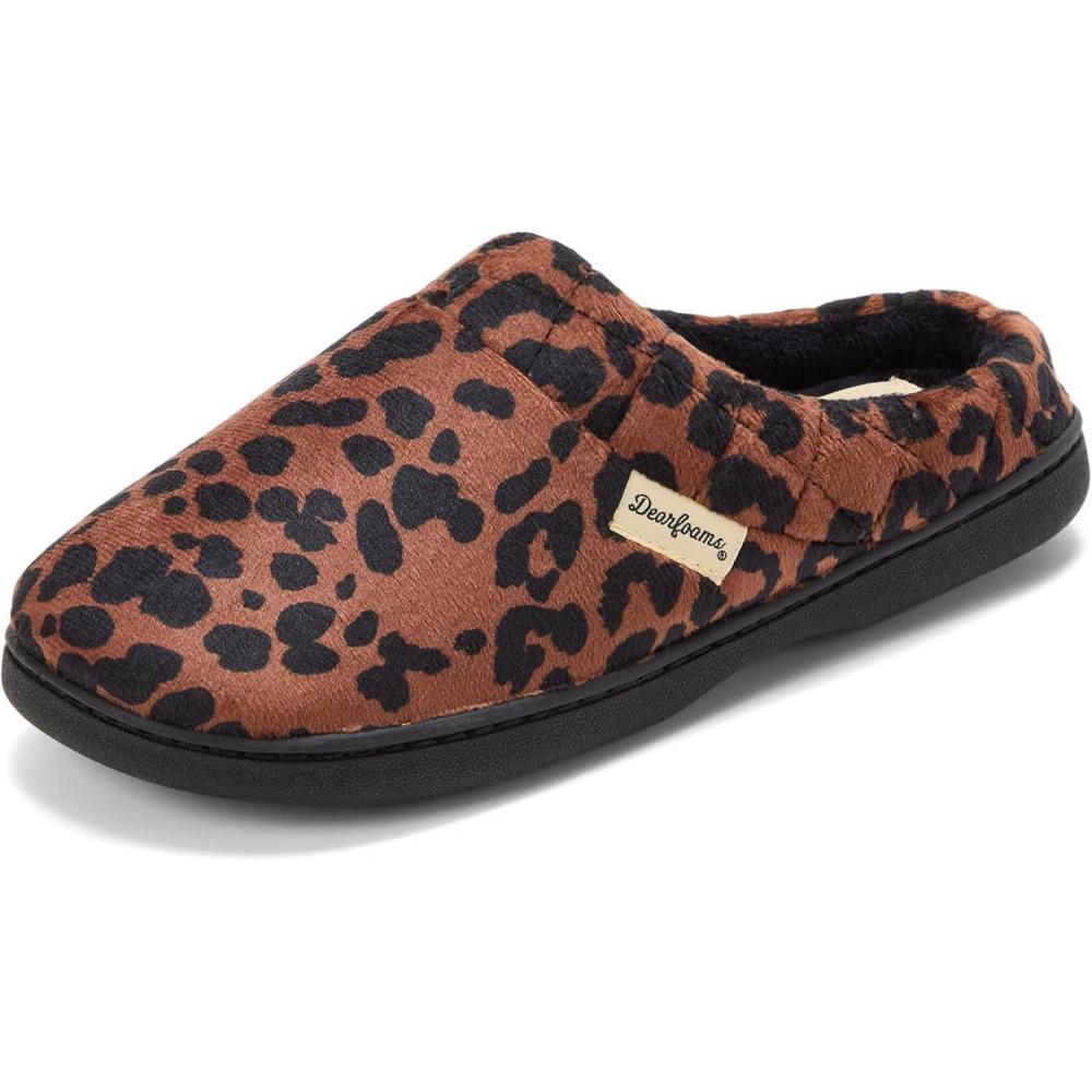 imageDearfoams Womens Lightweight Memory Foam Indoor House Slipper Darcy Velour Clog with Wide WidthsDark Leopard