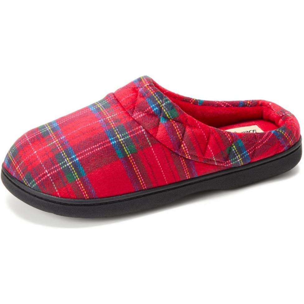 imageDearfoams Womens Lightweight Memory Foam Indoor House Slipper Darcy Velour Clog with Wide WidthsRed Plaid