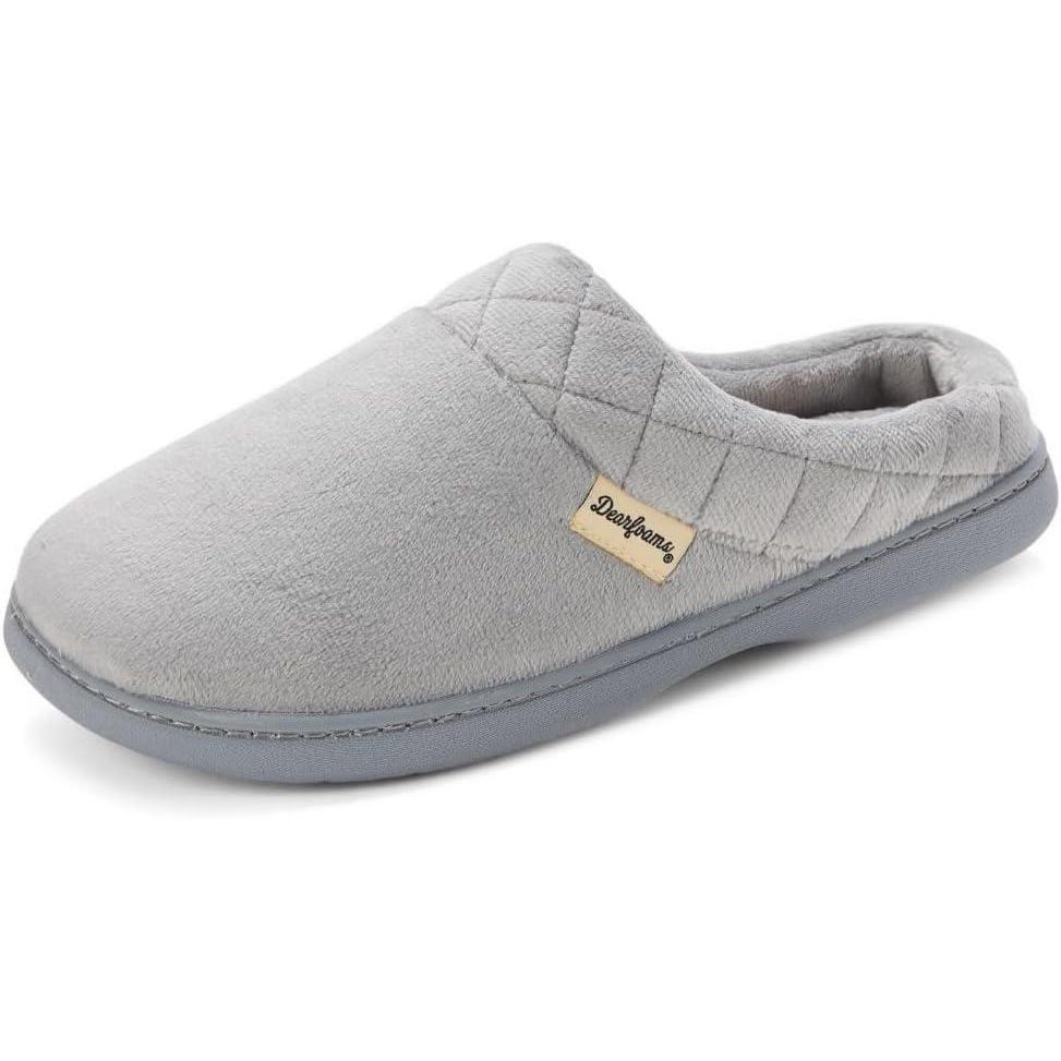 imageDearfoams Womens Lightweight Memory Foam Indoor House Slipper Darcy Velour Clog with Wide WidthsSleet