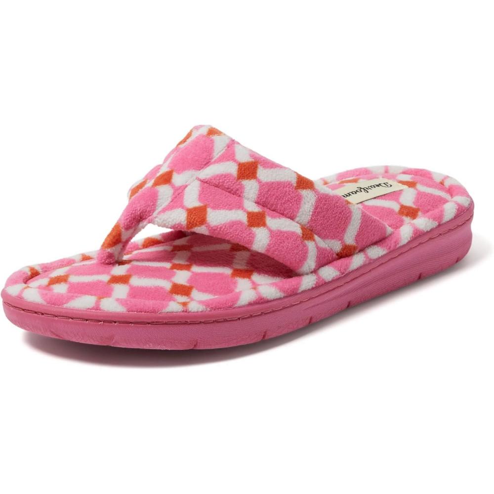imageDearfoams Womens Melanie Colorblocked Microfiber Terry Thong SlipperPink Print