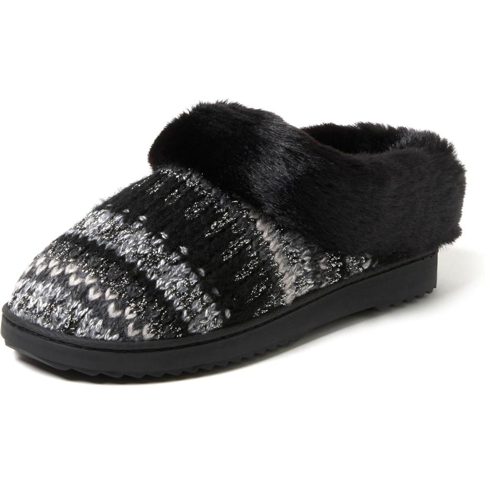 imageDearfoams Womens Memory Foam Cozy Soft House Slippers Gifts for Women Hannah Knit Clog House ShoesBlackWhite