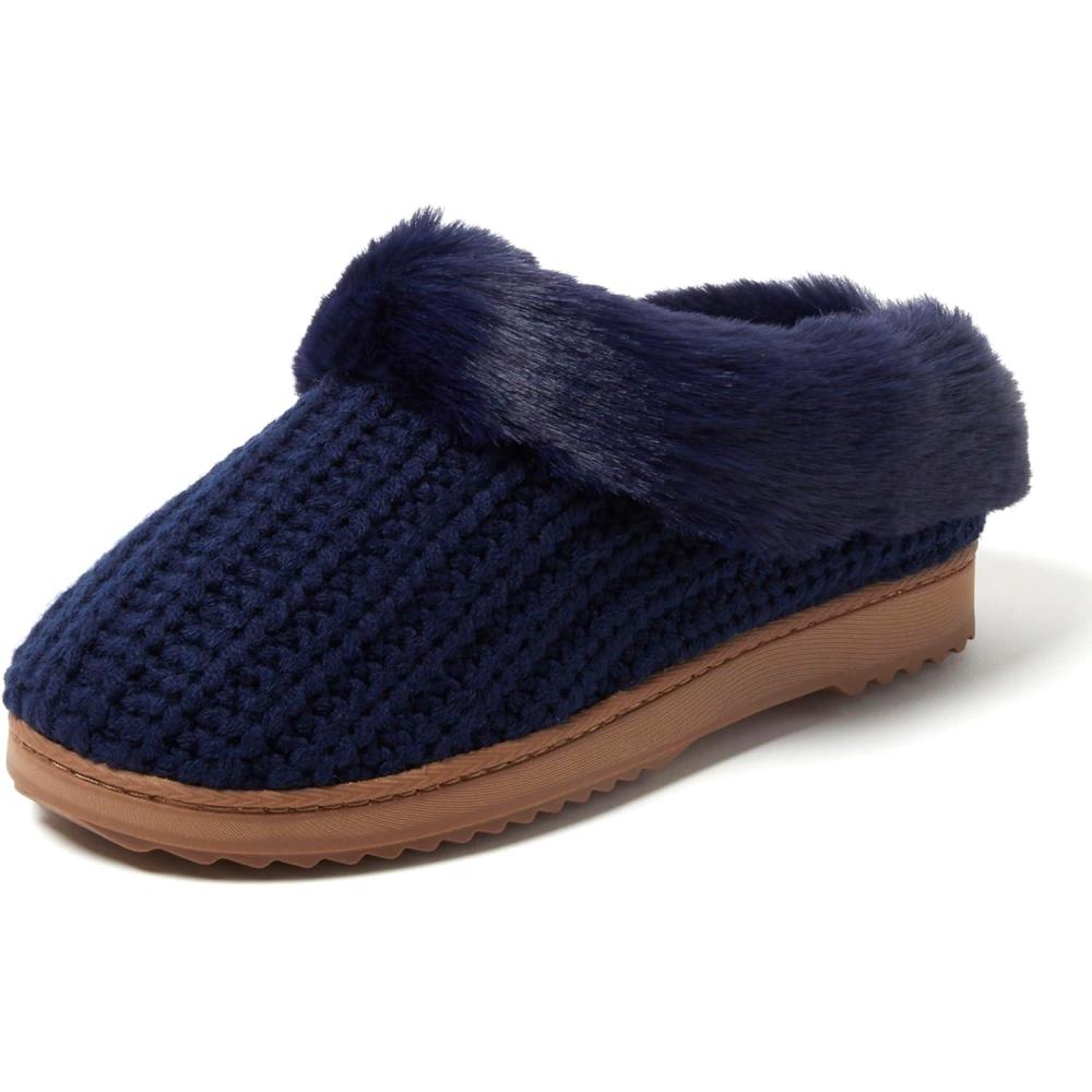 imageDearfoams Womens Memory Foam Cozy Soft House Slippers Gifts for Women Hannah Knit Clog House ShoesPeacoat Solid