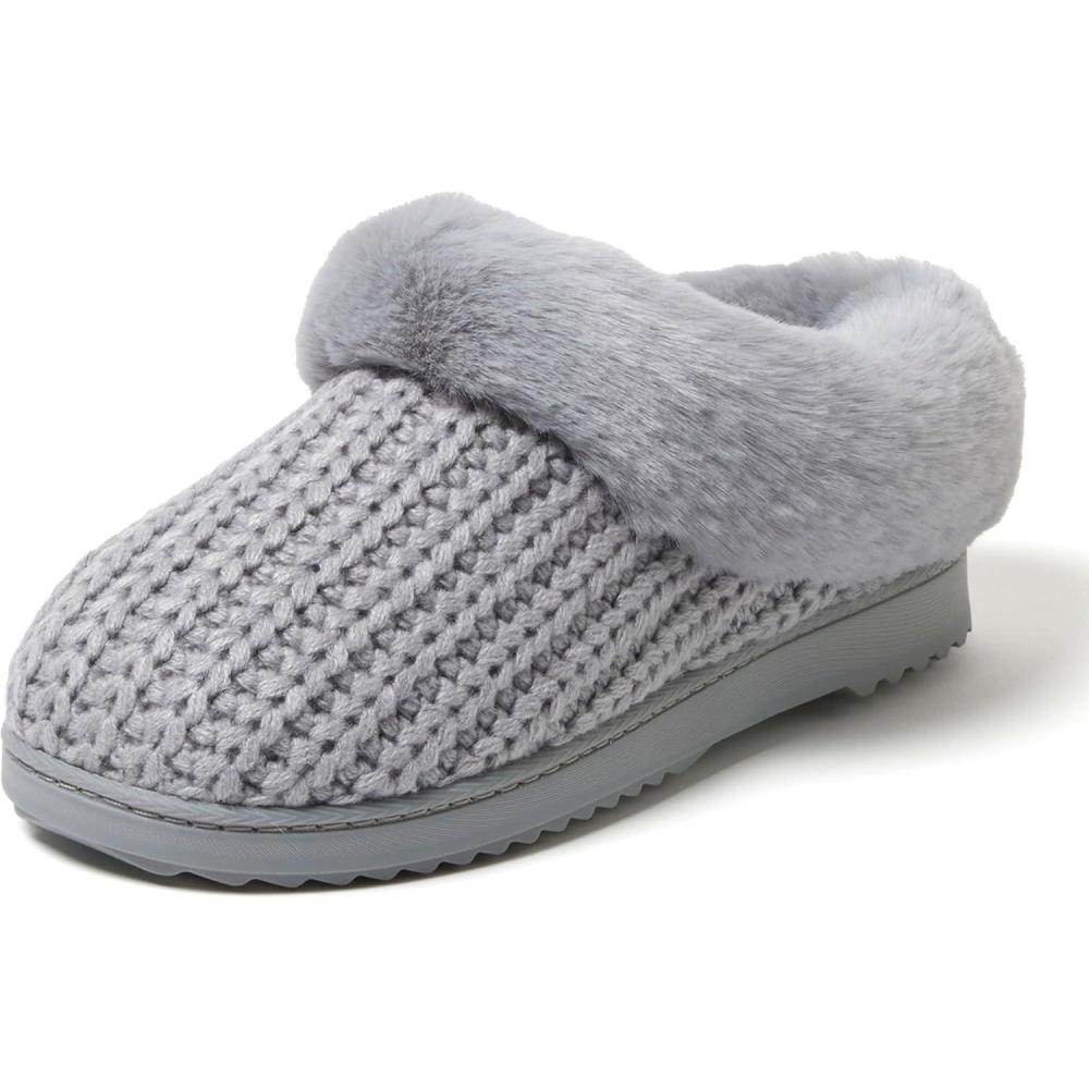 imageDearfoams Womens Memory Foam Cozy Soft House Slippers Gifts for Women Hannah Knit Clog House ShoesSleet Solid