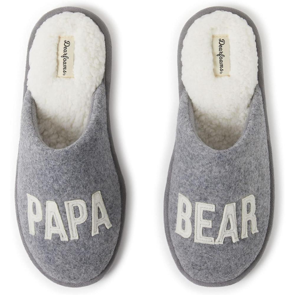 imageDearfoams mens Matching Family Holiday Papa Bear Sherpa Lined Moc Toe With Embroidery SlipperLight Heather Grey