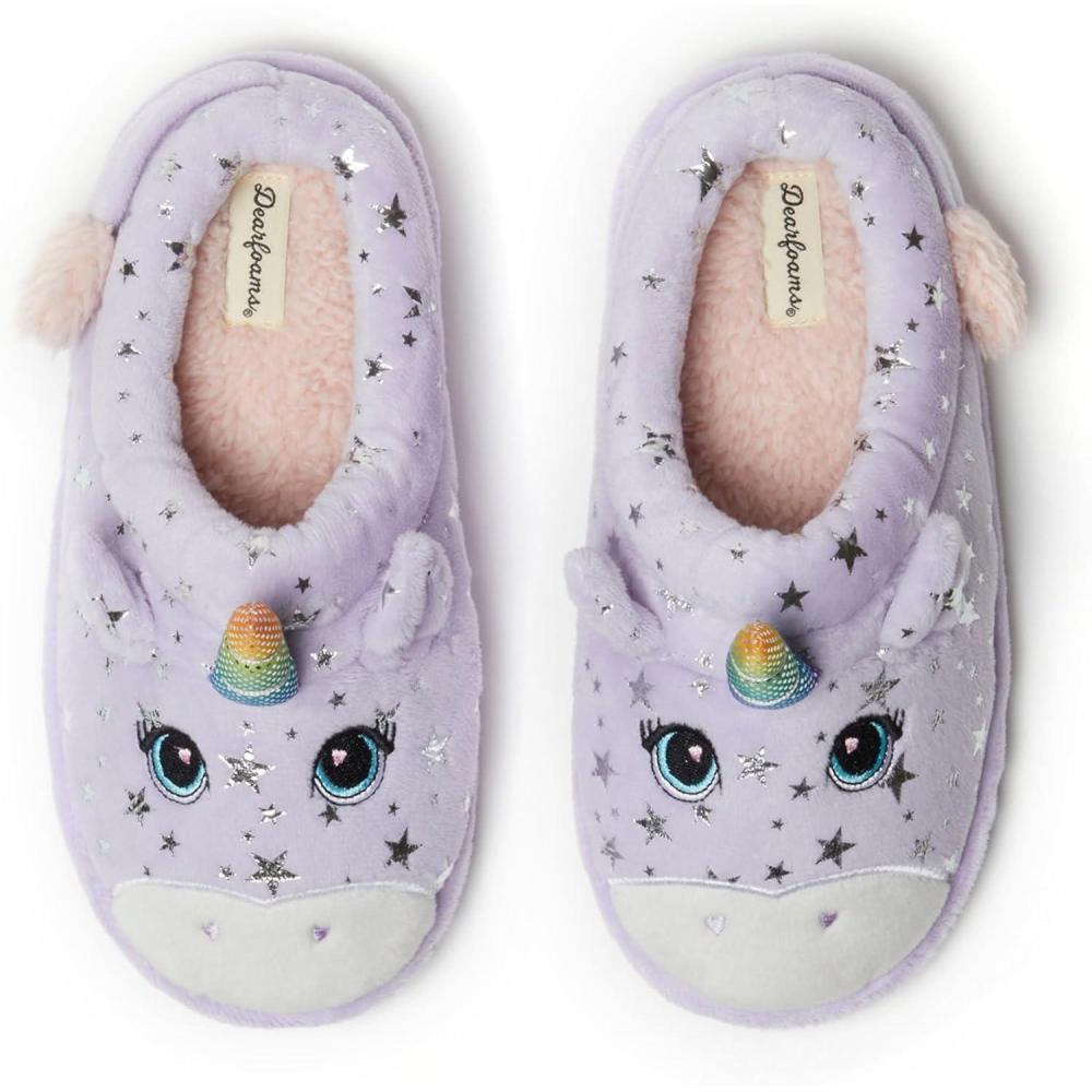 imageDearfoams unisexchild Kids Toddlers Whimsical Animal Critter Washable SlipperPurple Unicorn