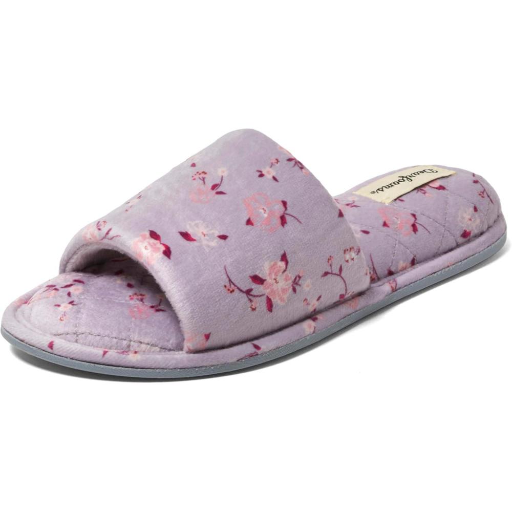 imageDearfoams womens Beatrice Side Gore SlideSlipperPurple Flower Velour