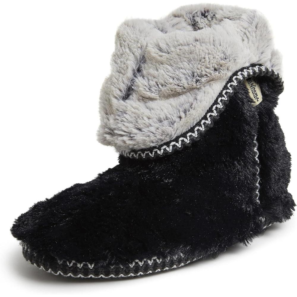 imageDearfoams womens Fuzzy Memory Foam Beth Bedroom Bootie Slipper Sock With GrippersBlack