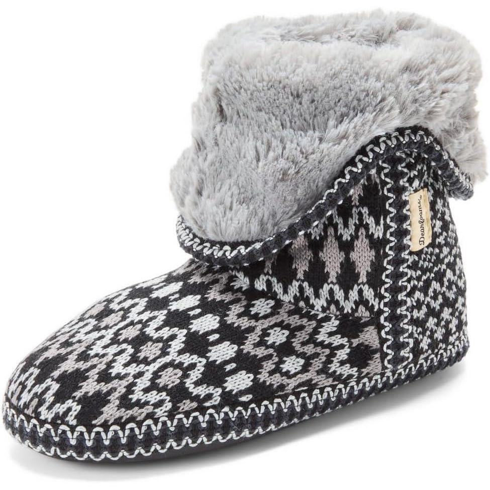 imageDearfoams womens Fuzzy Memory Foam Beth Bedroom Bootie Slipper Sock With GrippersBlack Fairisle