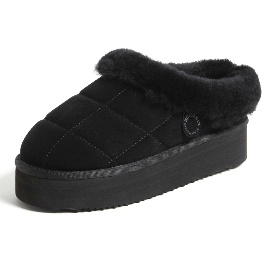 imageDearfoams womens Genuine Shearling Platform Slippers Bendigo Comfy Puff Plush Womens Clog House ShoesBlack