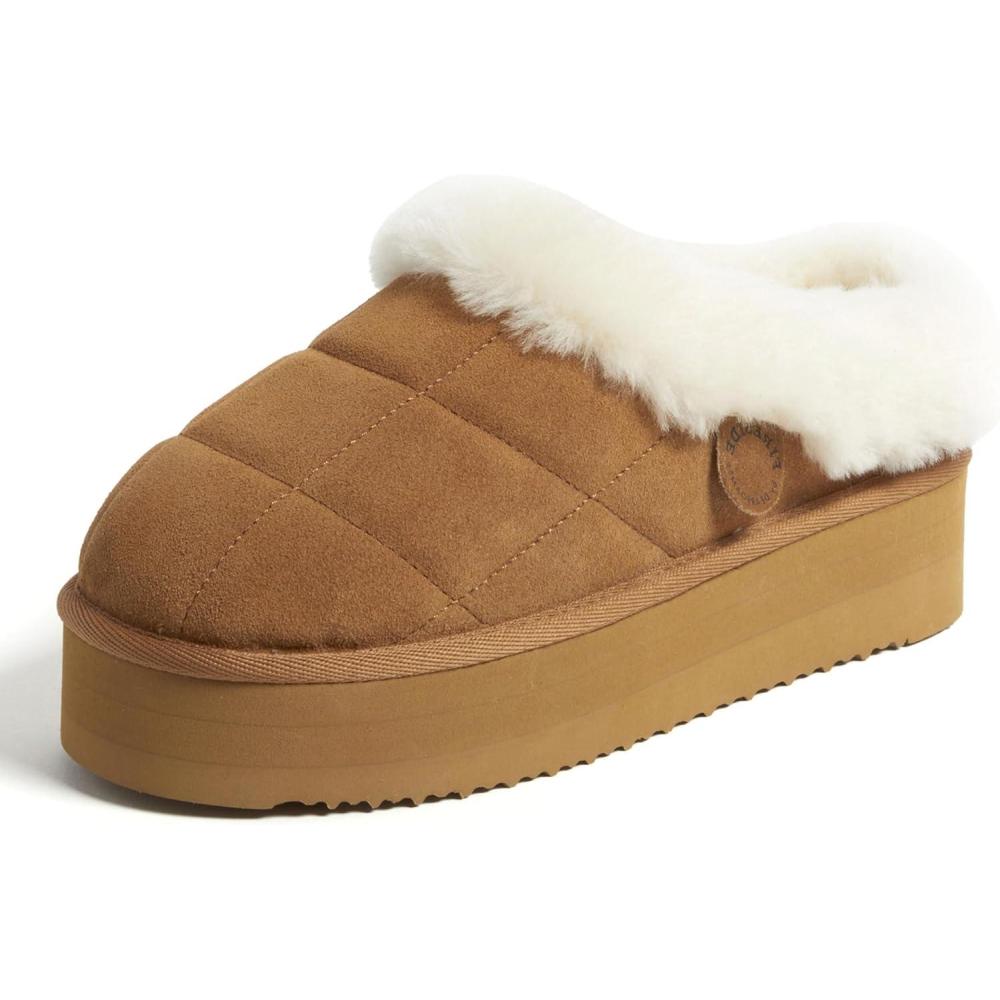imageDearfoams womens Genuine Shearling Platform Slippers Bendigo Comfy Puff Plush Womens Clog House ShoesChestnut