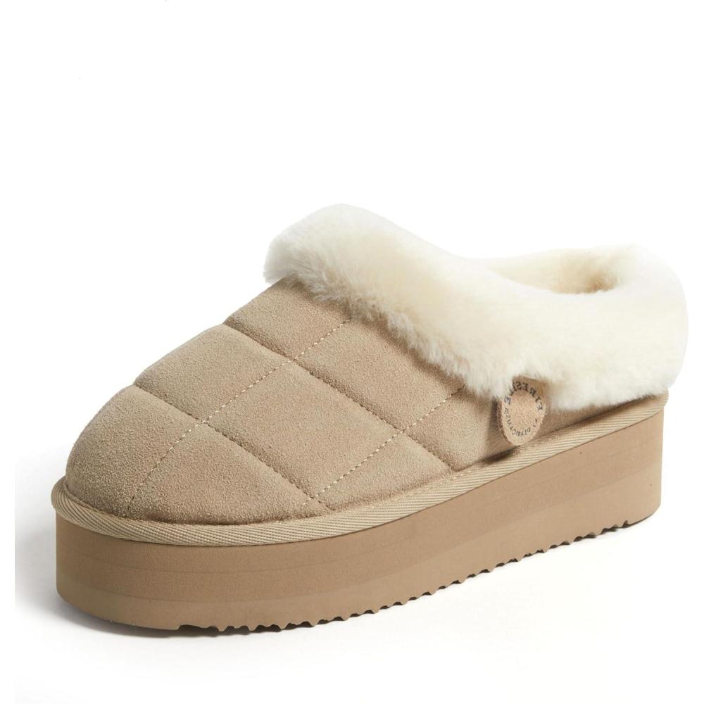 imageDearfoams womens Genuine Shearling Platform Slippers Bendigo Comfy Puff Plush Womens Clog House ShoesSand