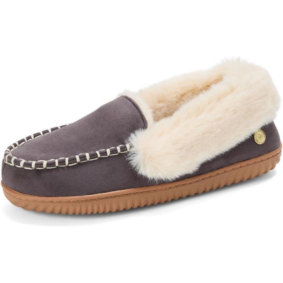 imageDearfoams womens Gifts for Women Fuzzy Memory Foam Outdoor Ryland Moccasin With Cuff Womens SlippersPavement