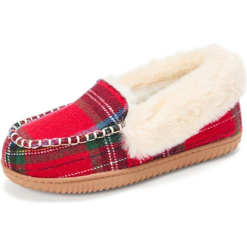 imageDearfoams womens Gifts for Women Fuzzy Memory Foam Outdoor Ryland Moccasin With Cuff Womens SlippersRed Plaid