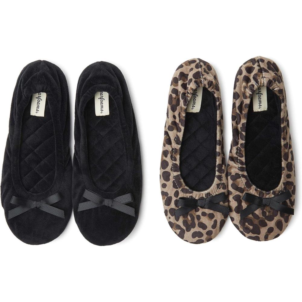 imageDearfoams womens Layla Ballerina With Suede OutsoleBlack Leopard 2 Pack