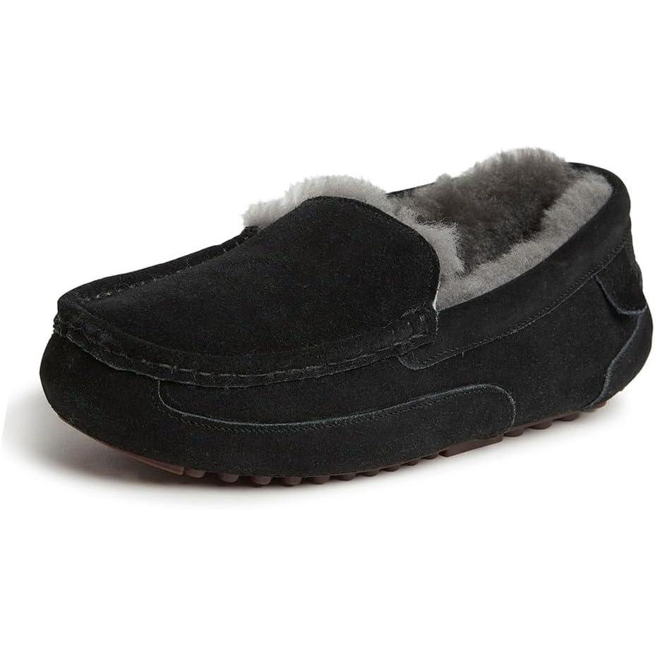 imageFireside By Dearfoams Mens Melbourne Genuine Shearling Moccasin Slippers Memory Foam Sudede Loafers Slipin House ShoesBlack