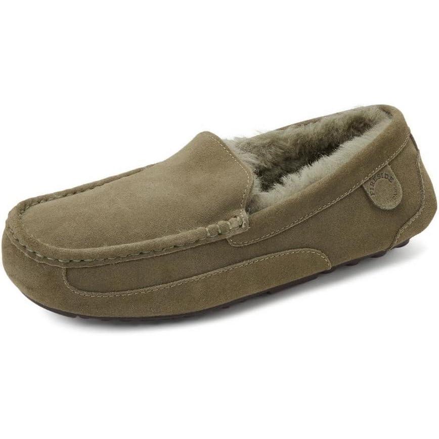 imageFireside By Dearfoams Mens Melbourne Genuine Shearling Moccasin Slippers Memory Foam Sudede Loafers Slipin House ShoesLoden